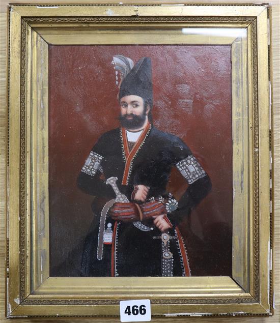 Persian School, oil on board, Portrait of a nobleman, possible overpainted print, 24 x 19cm